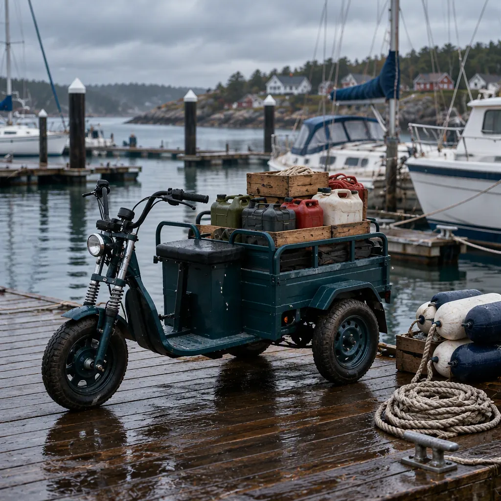 Electric tricycle with drop-side cargo body being loaded with marine supplies beside a dock, marina pontoons and moored boats behind