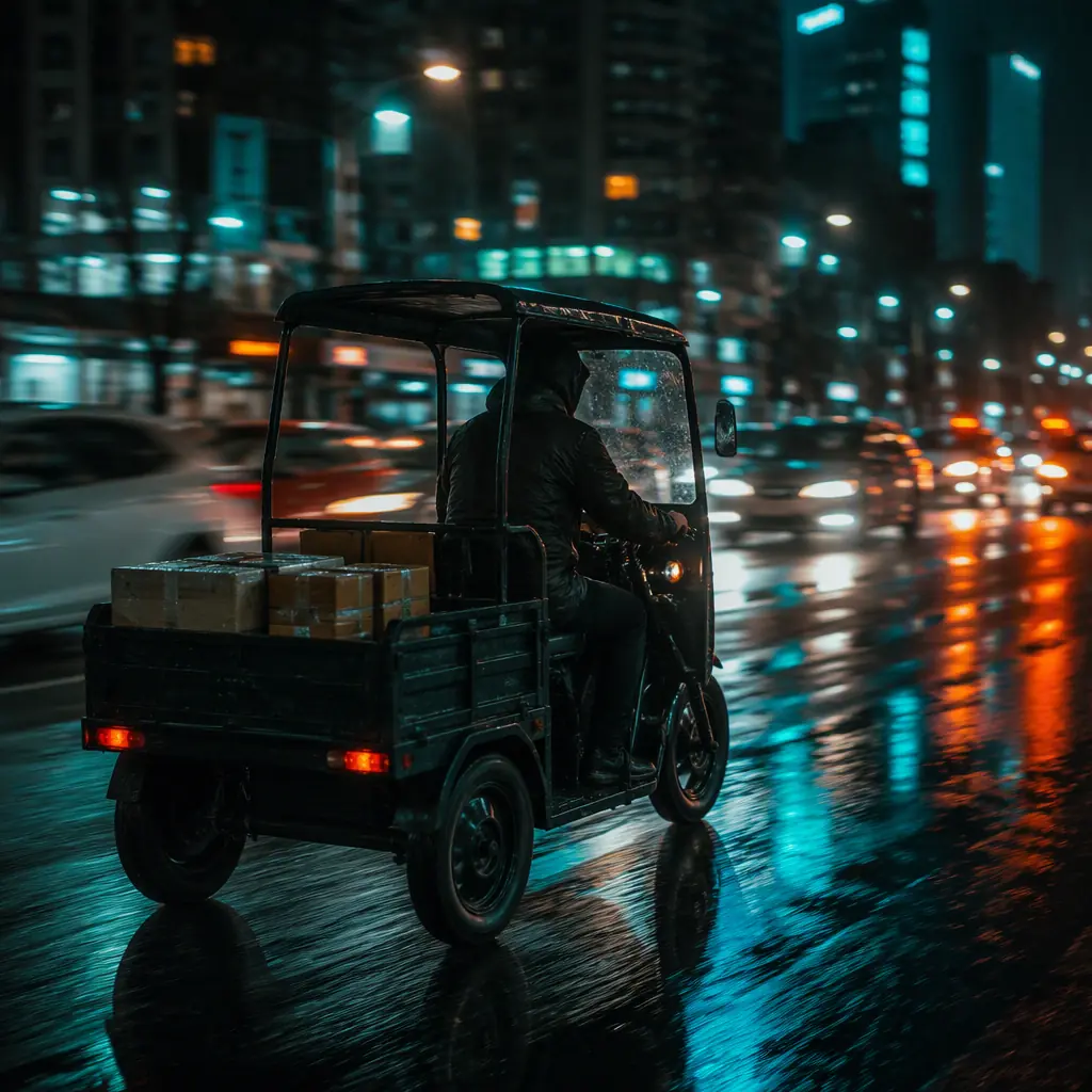 Three-wheeled electric cargo tricycle with two rear wheels moving through dark city traffic at night, taillights streaking, teal and orange lighting