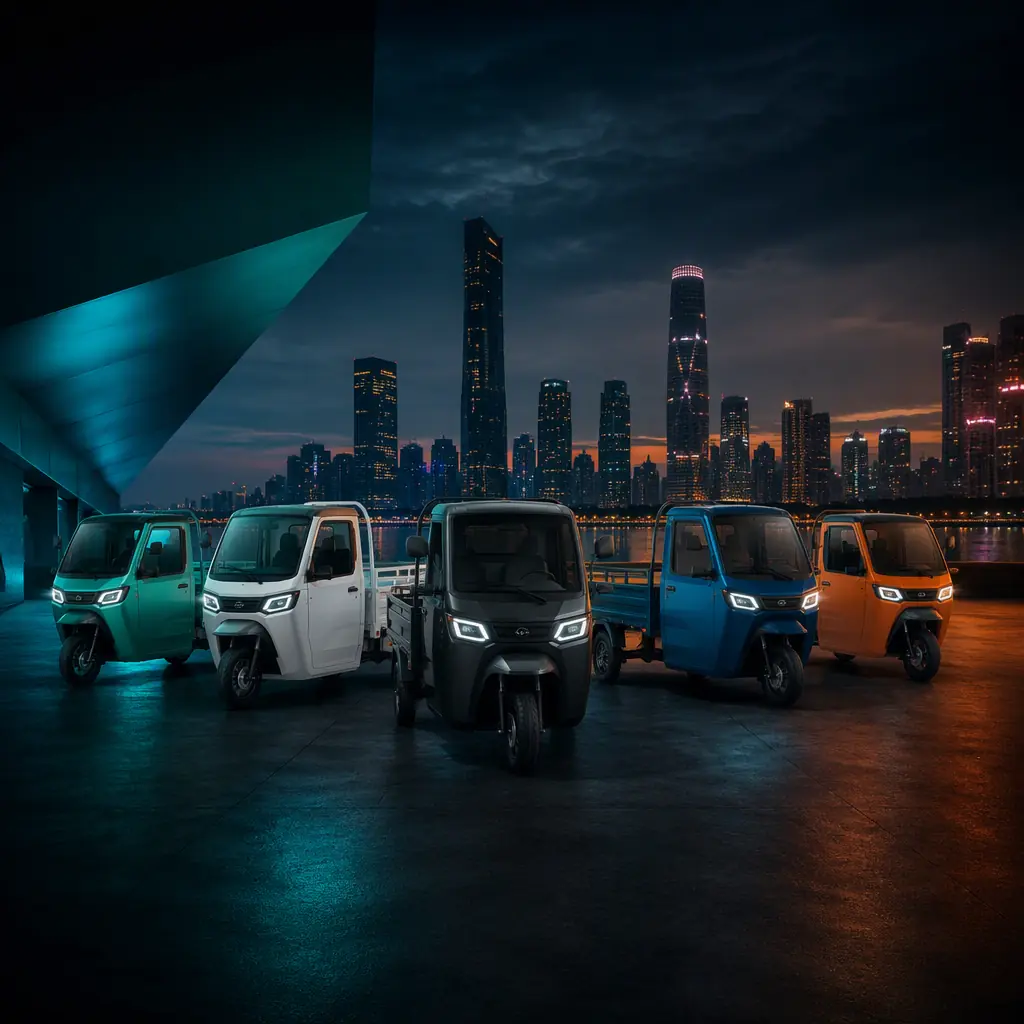 Fleet of three-wheeled electric cargo tricycles with two rear wheels parked in formation in front of a dark city skyline at dusk, teal and orange lighting