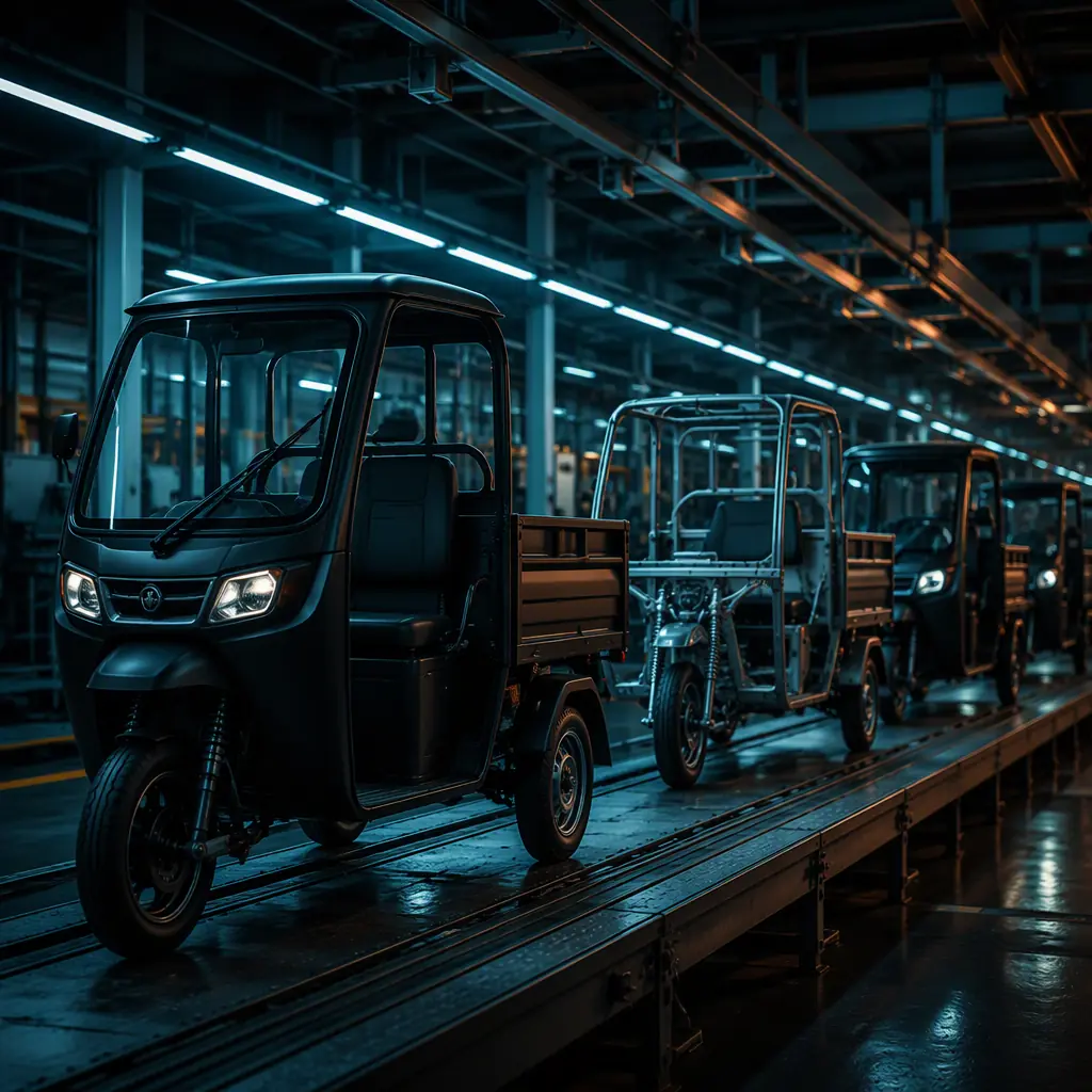 Row of three-wheeled electric cargo tricycles coming off a factory production line in a dark plant, teal accent lighting