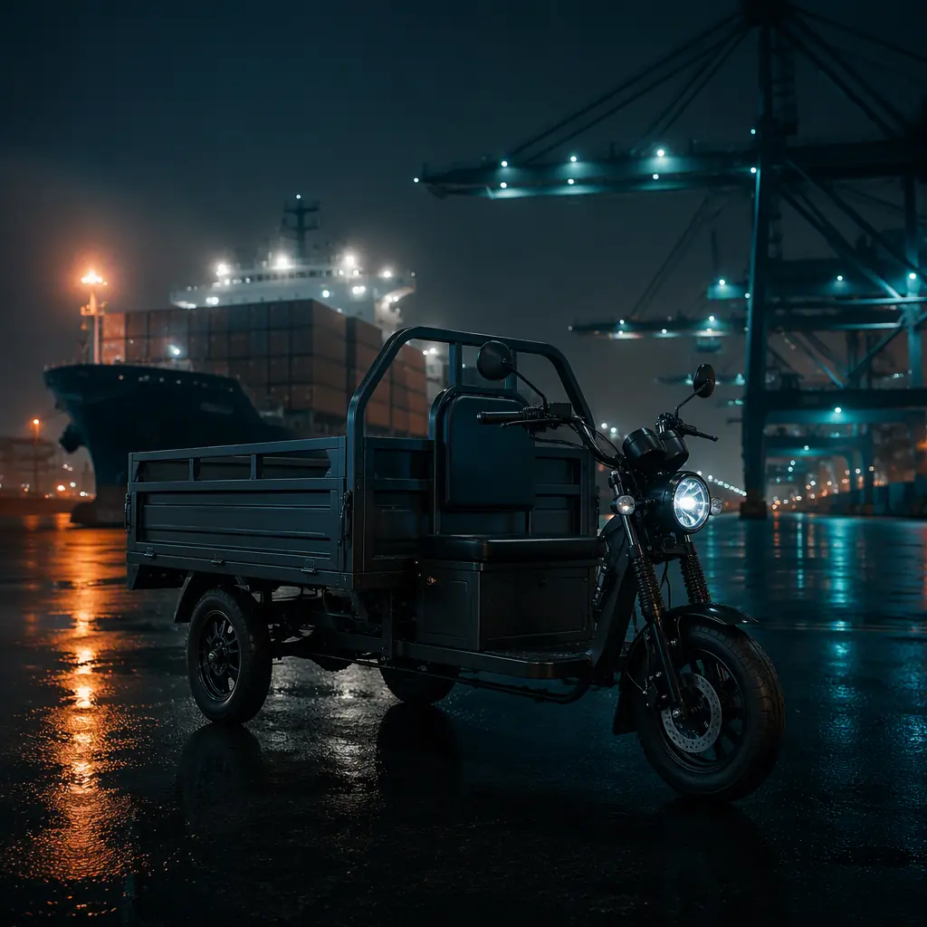 Container ship and cranes at a dark port with three-wheeled electric cargo tricycles on the dock in the foreground, teal and orange lighting