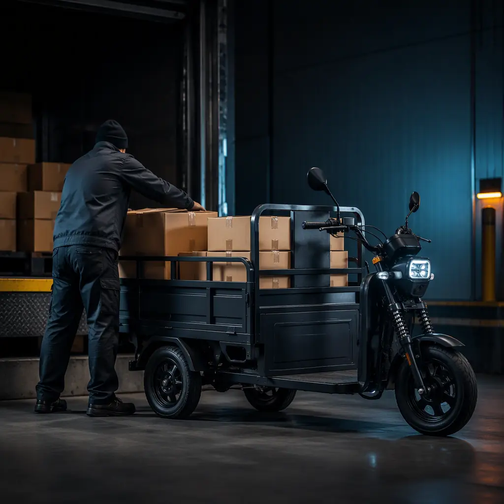 Workers loading parcel boxes onto a three-wheeled electric cargo tricycle at a dark distribution warehouse loading dock, teal accent lighting