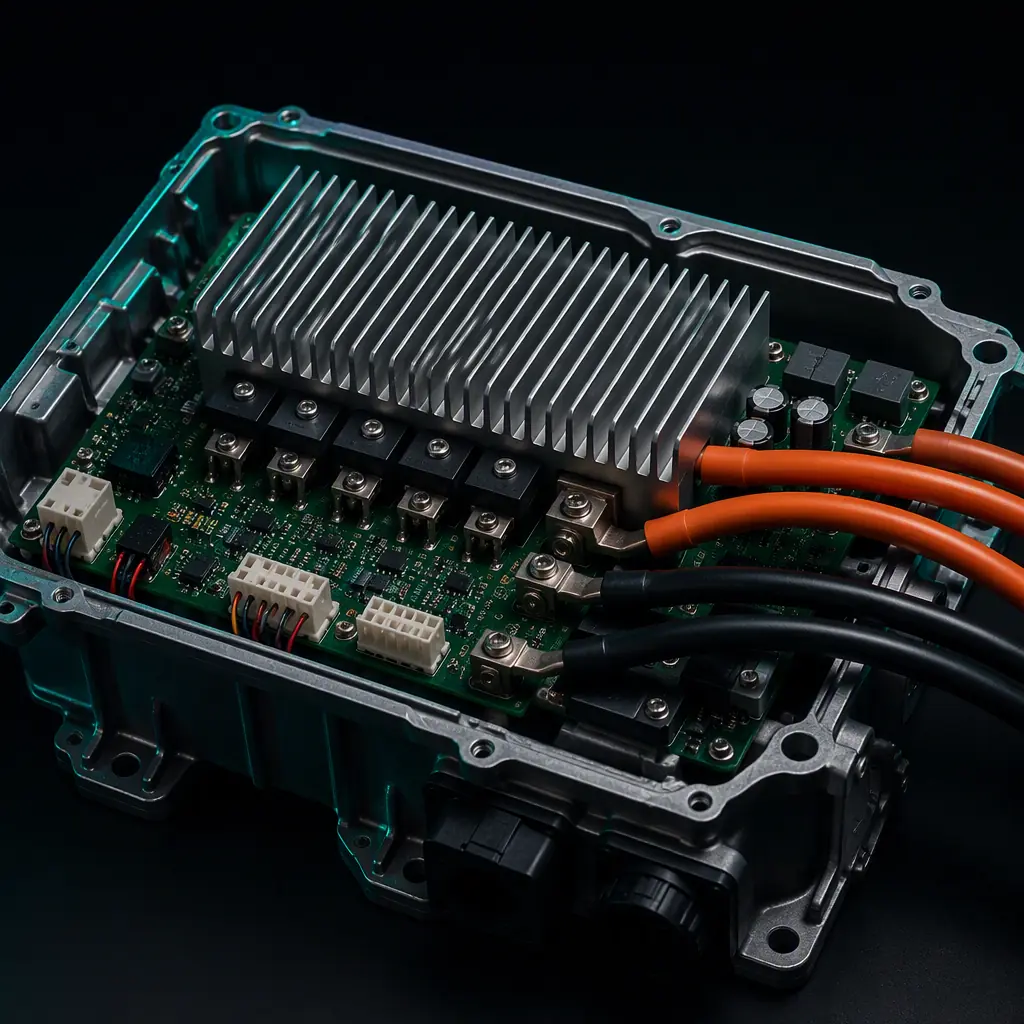 Open controller unit of an electric cargo tricycle showing MOSFET heatsink and phase wiring