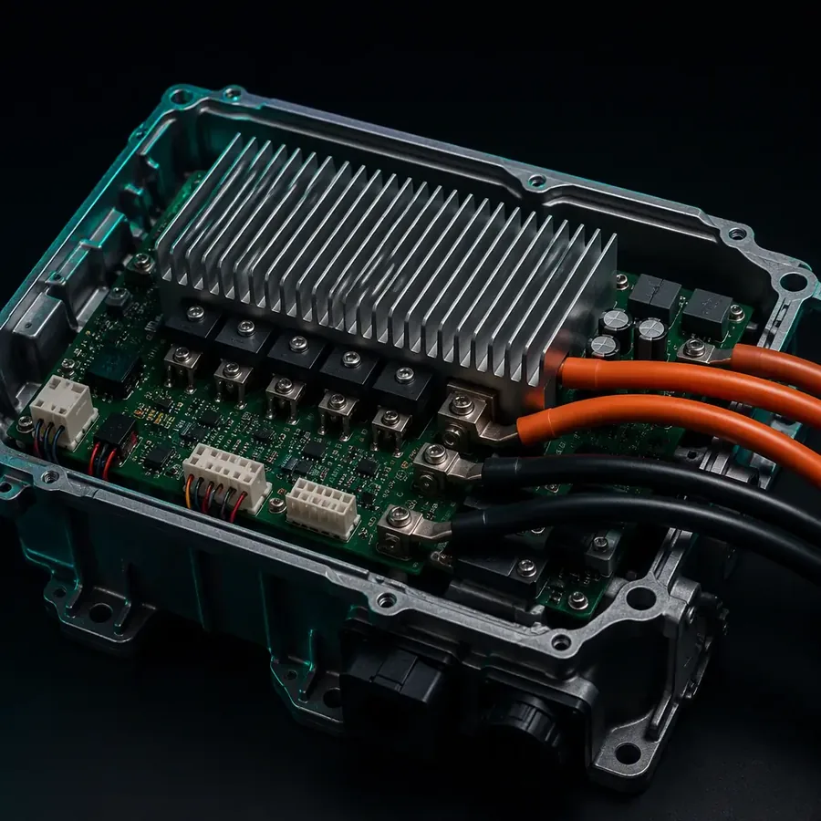Open controller unit of an electric cargo tricycle showing MOSFET heatsink and phase wiring