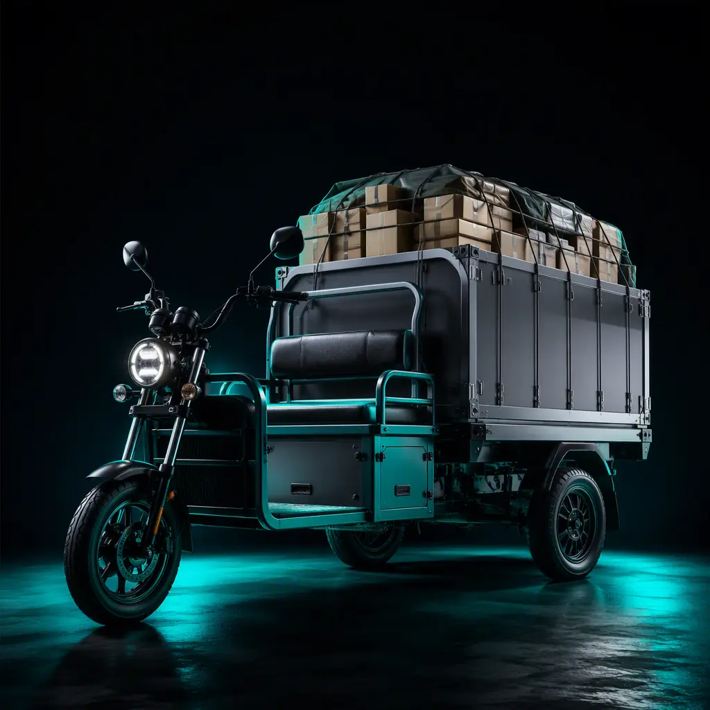 Loaded cargo e-tricycle climbing a paved hill road with a full cargo box at golden hour