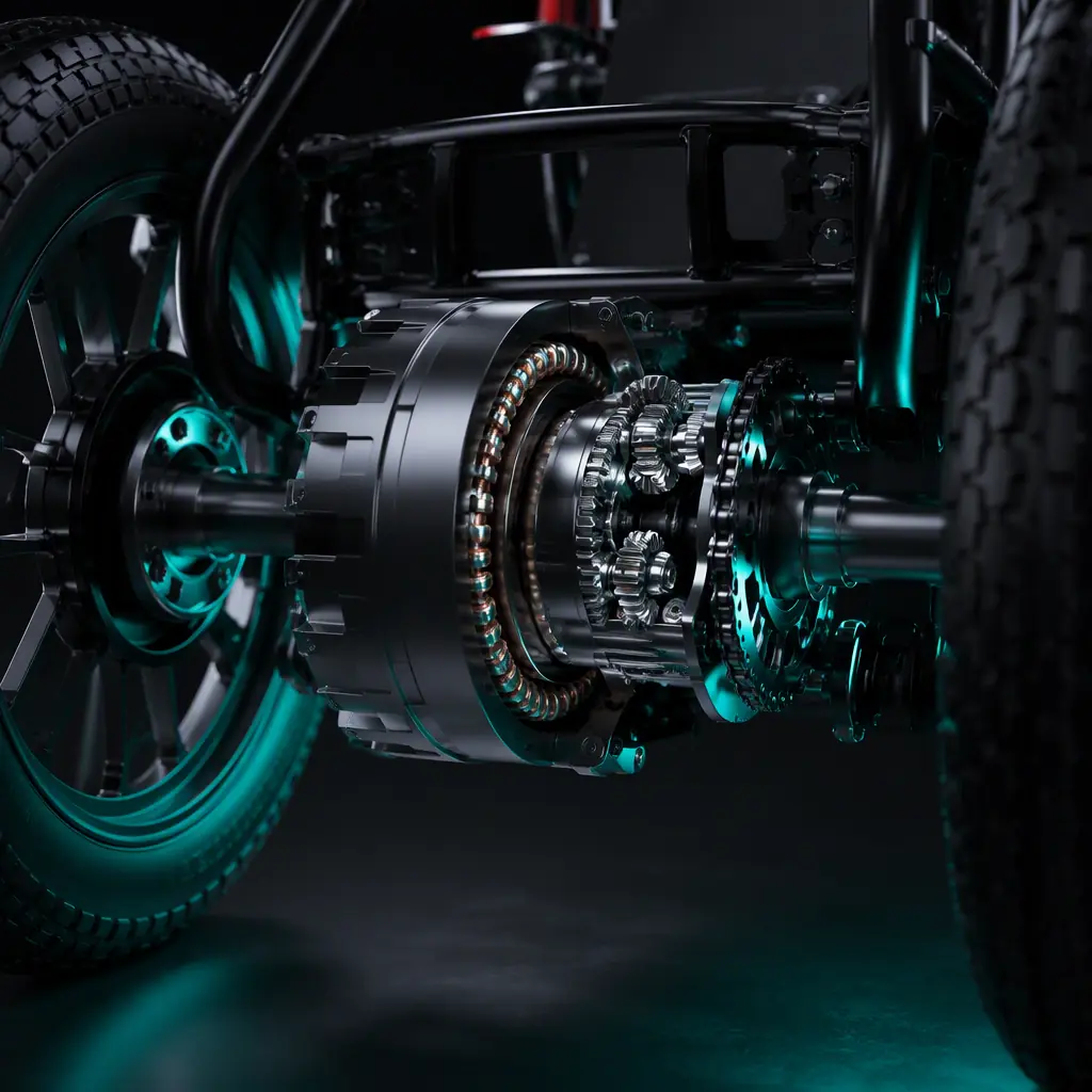 Photorealistic close-up of a brushless hub motor with gear differential on a cargo e-tricycle rear axle