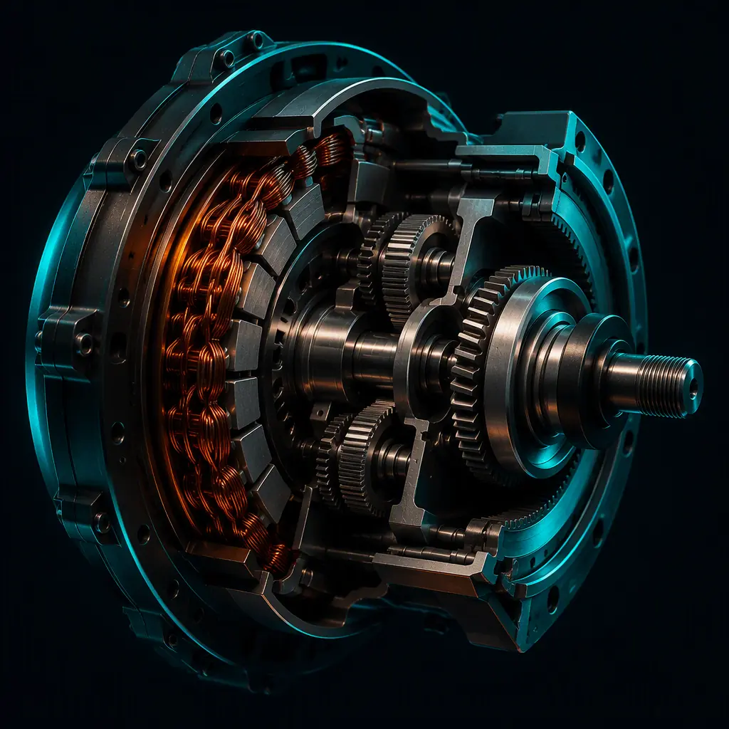 Photorealistic cross-section of a brushless geared hub motor showing copper windings and planetary gears