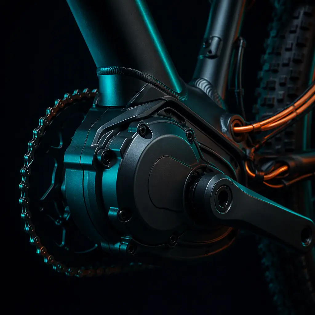 Close-up of a mid-drive e-bike motor unit mounted at the bottom bracket in a dark workshop