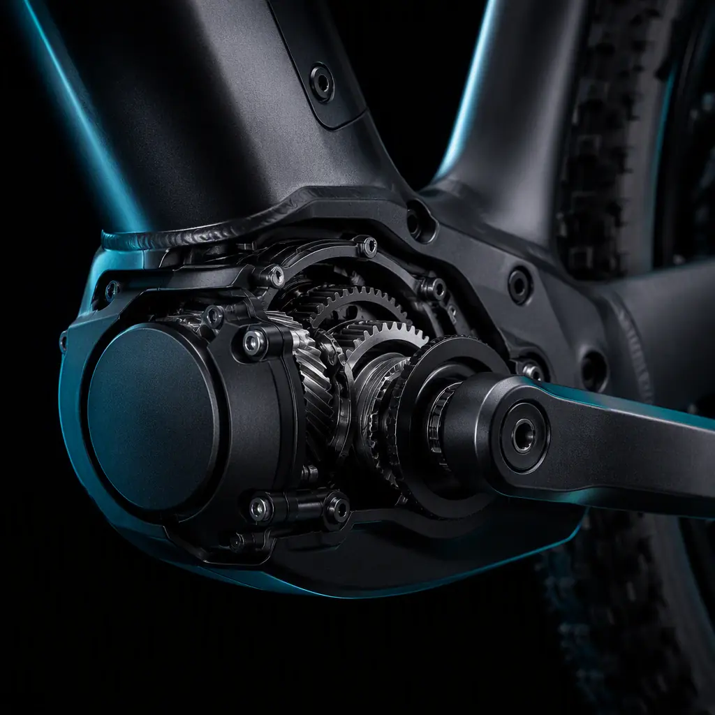 Macro 3D render of a mid-drive e-bike motor and drivetrain with teal accent lighting on dark background