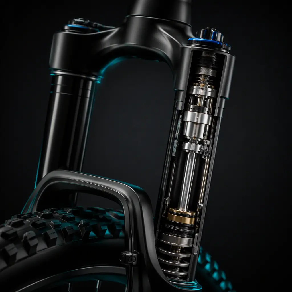 Close-up 3D render of a mountain e-bike suspension fork with black stanchions and teal rim light