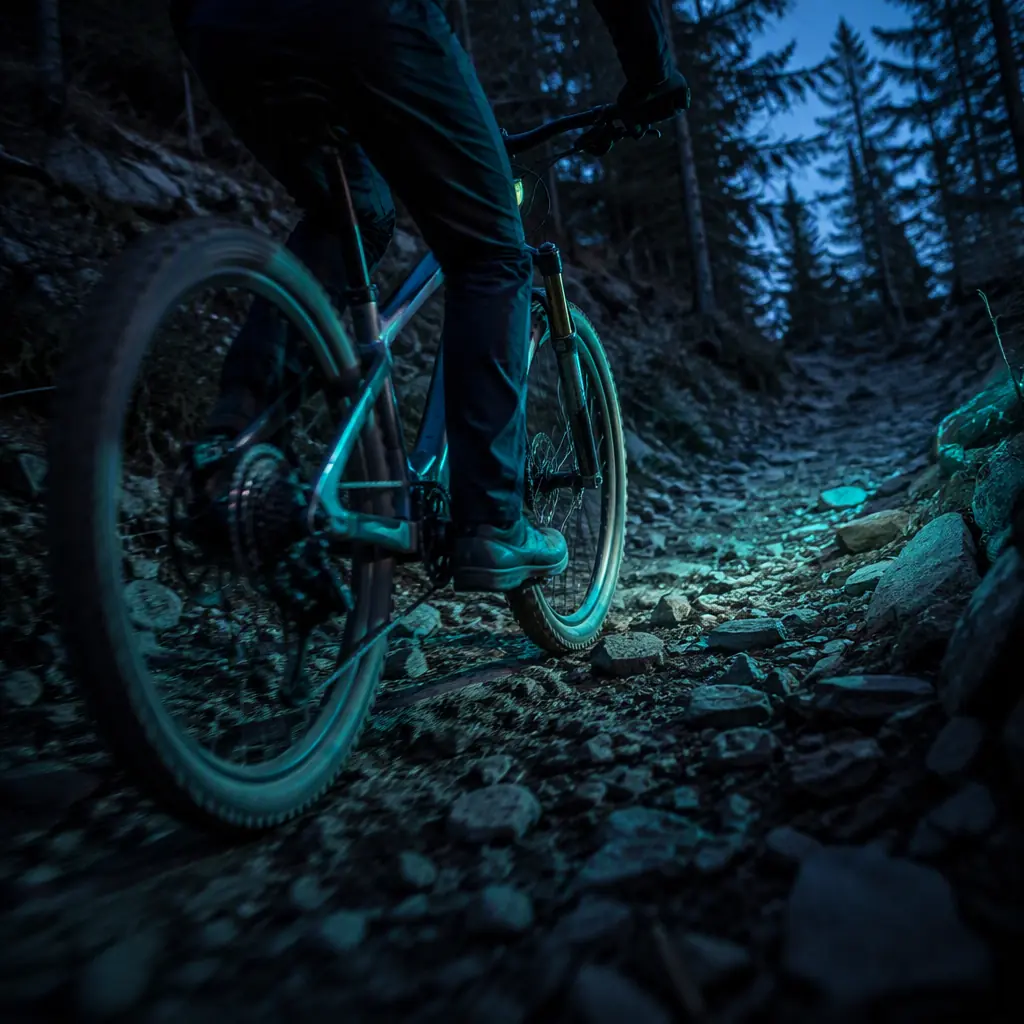 Mountain e-bike on a dusk forest trail with teal rim lighting and dark moody atmosphere