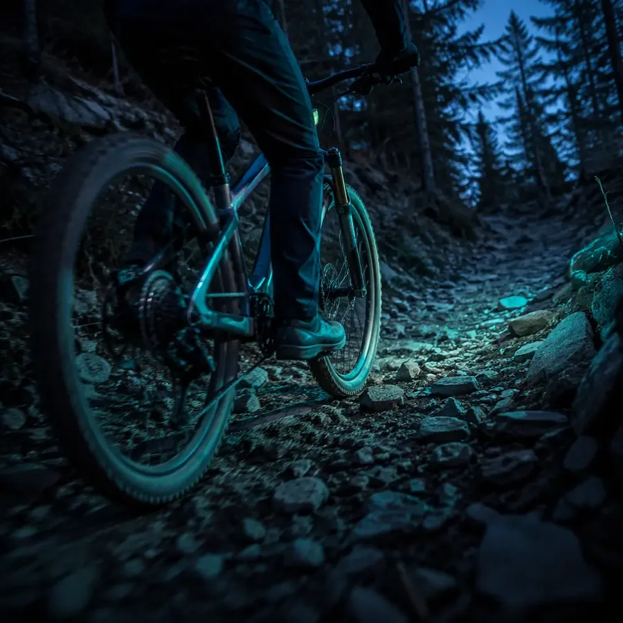 Mountain e-bike on a dusk forest trail with teal rim lighting and dark moody atmosphere