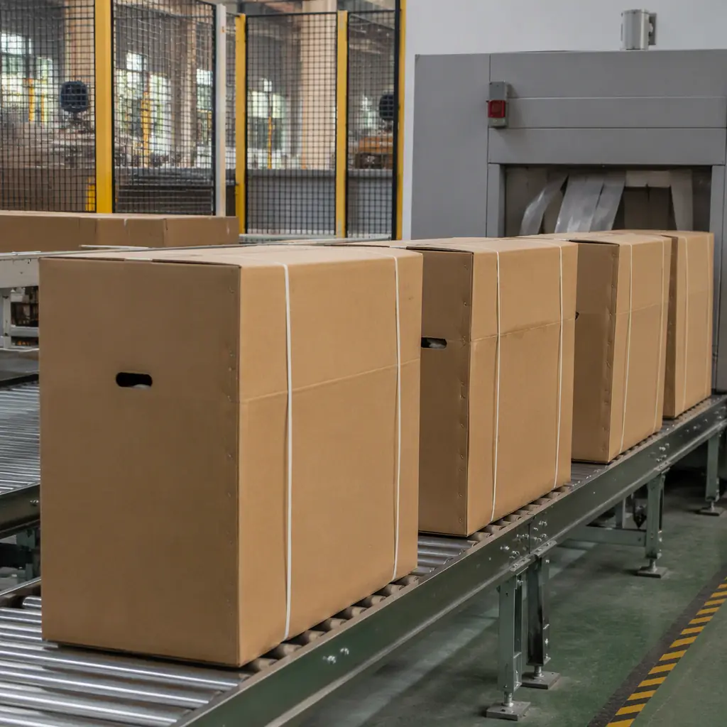 Export packing line with cartons on rollers ready for shipment