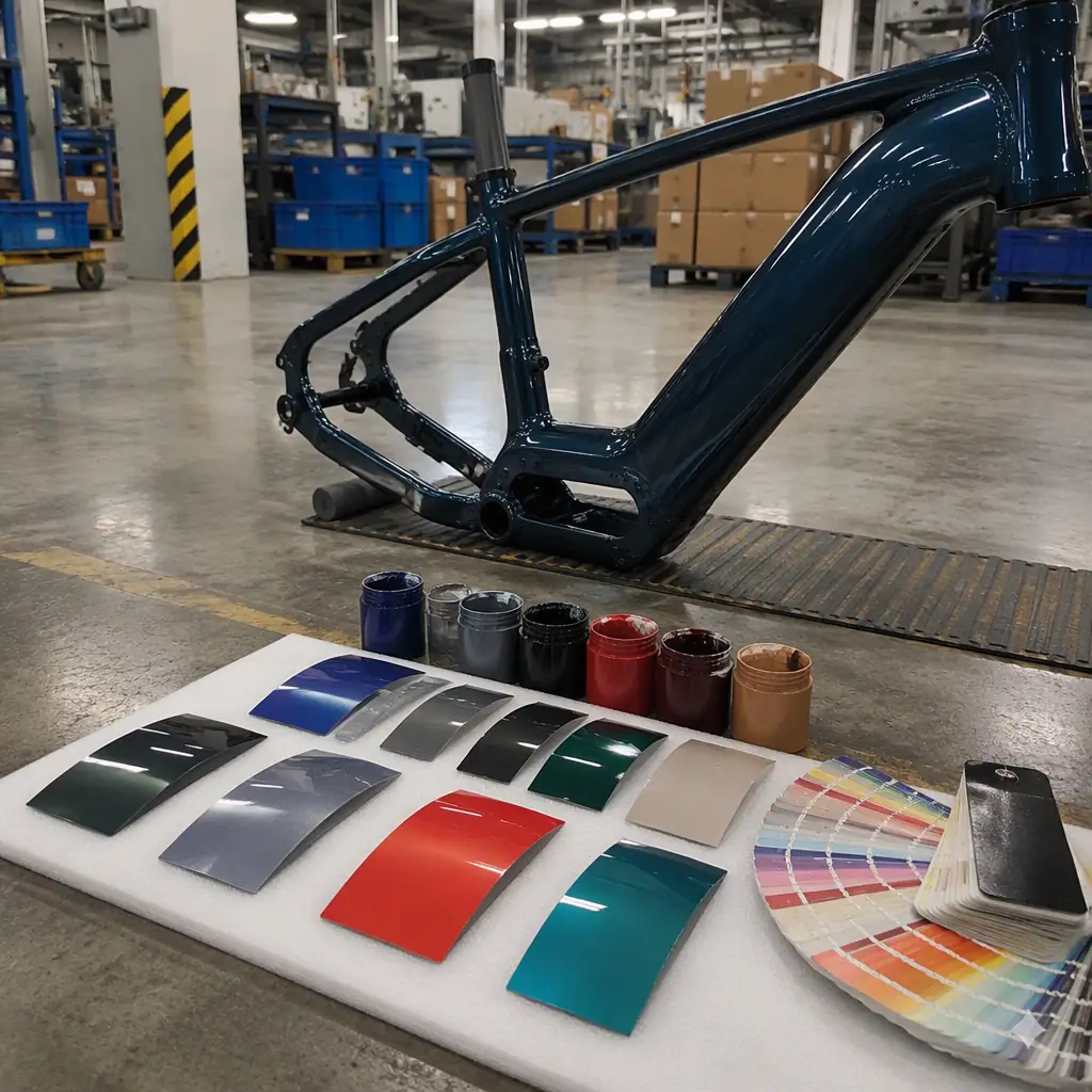 E-bike frame with paint color samples on the factory floor