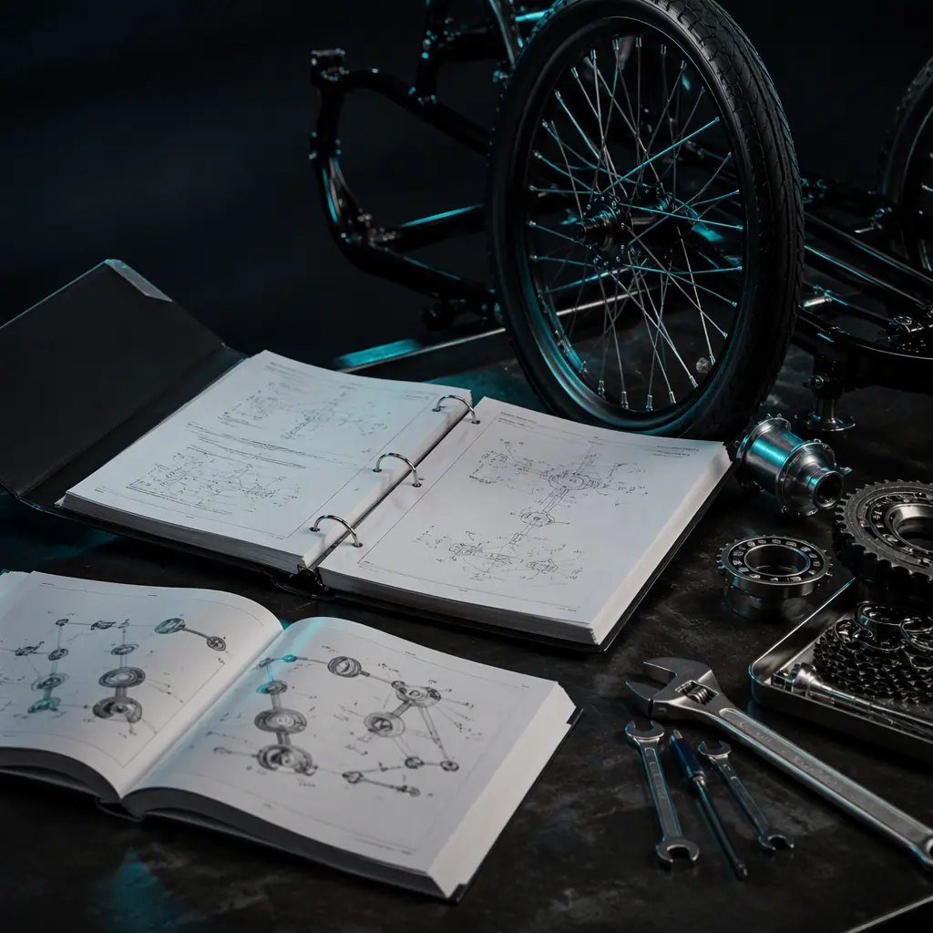 Service manual and spare parts catalog with exploded diagrams on a workbench next to tricycle components, dark moody lighting
