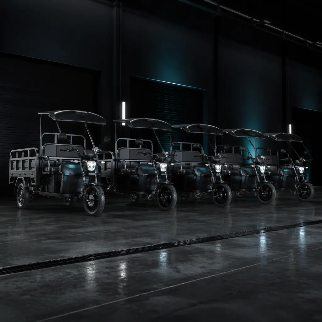 Electric cargo tricycle fleet parked in a warehouse service bay with teal rim lighting