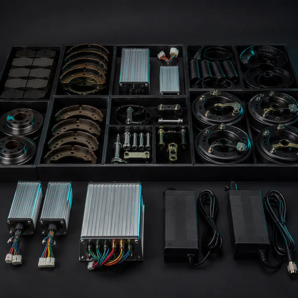 Neatly organized spare parts kit for an electric cargo tricycle: brake pads, drum shoes, controllers, chargers in labeled trays in a dark workshop