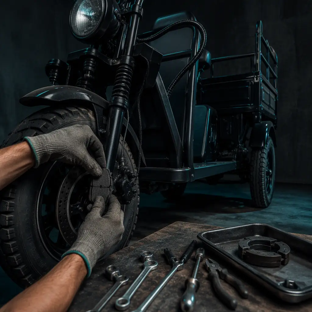 Technician's hands replacing a brake pad on an electric cargo tricycle wheel in a dark workshop