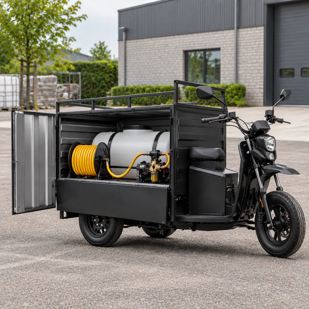 Electric cargo tricycle with mounted tank and spray equipment for pest control work