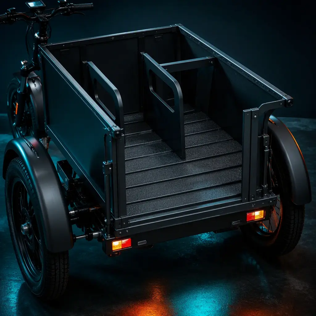 Rear cargo box of an electric tricycle fitted with a non-slip grooved floor and dividers for animal crates