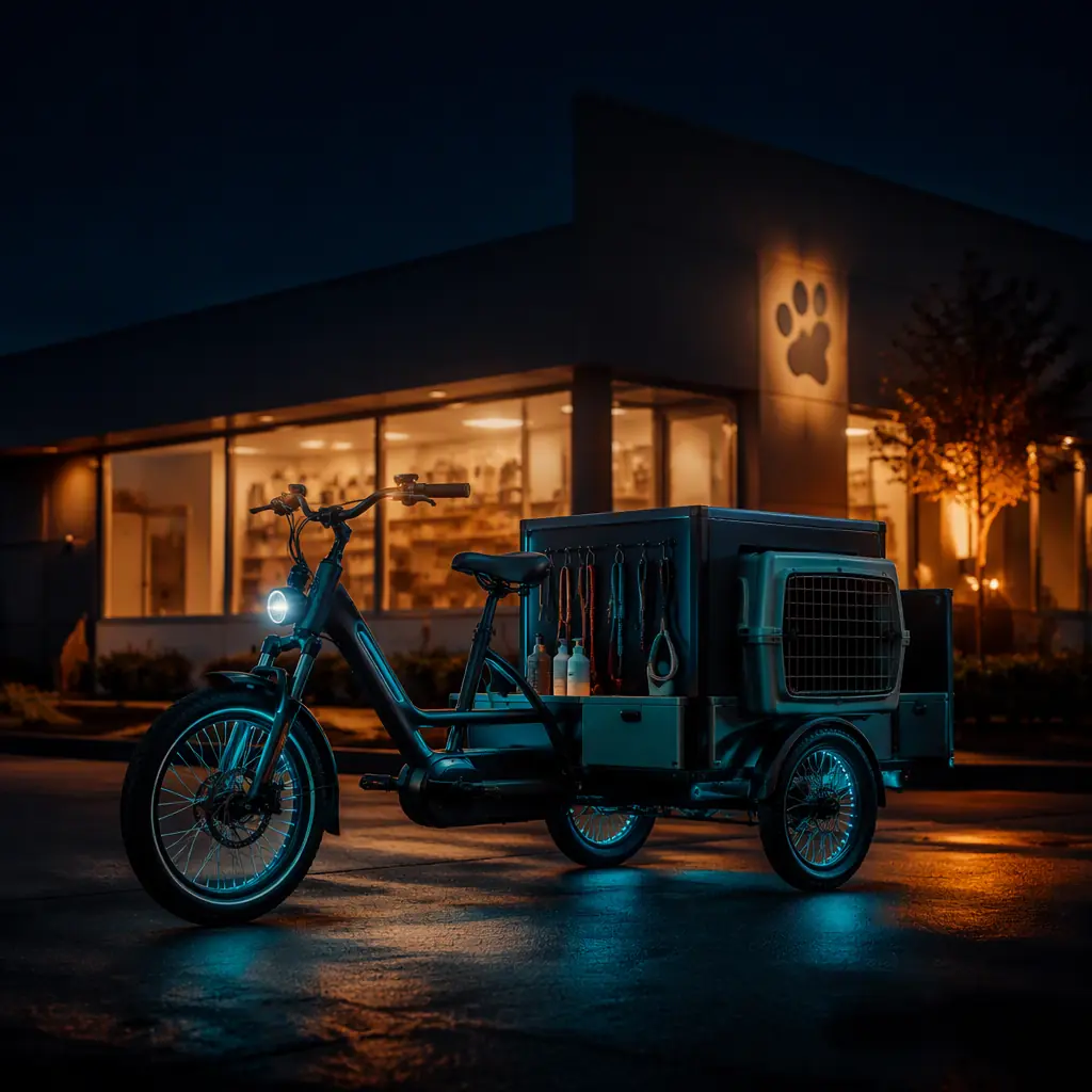 Electric cargo tricycle with a dog crate and grooming equipment beside a suburban veterinary clinic at dusk