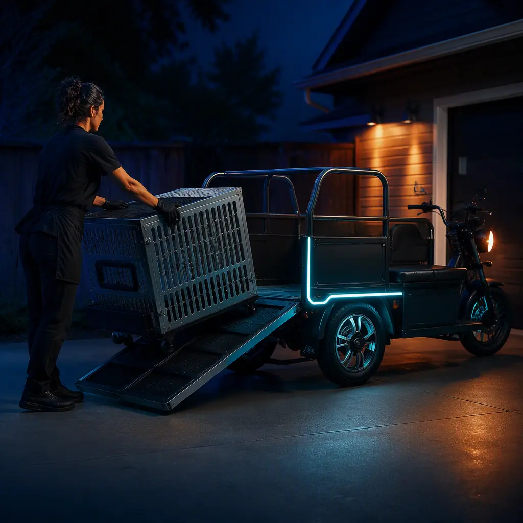 Mobile pet groomer folding down a ramp to load a dog crate into an electric cargo tricycle