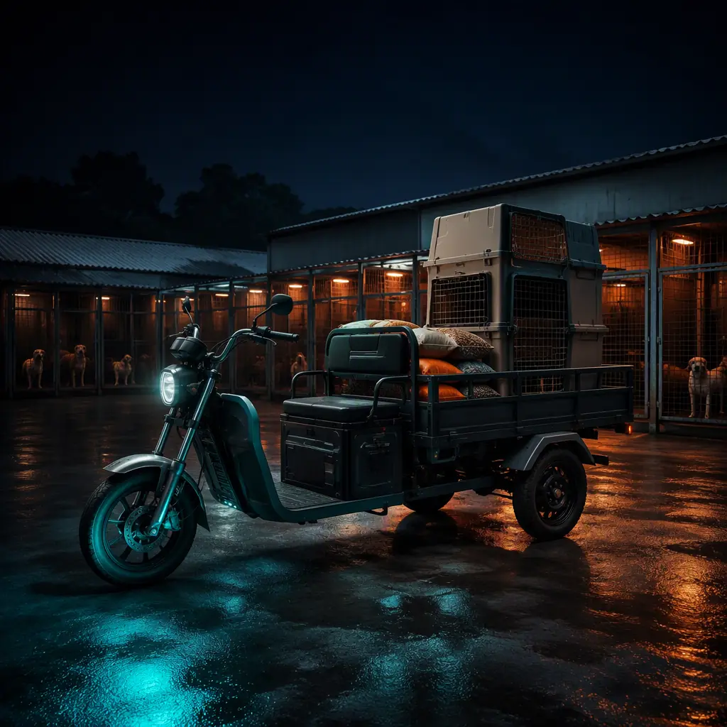 Cargo e-tricycle loaded with animal crates and feed bags outside an animal rescue shelter