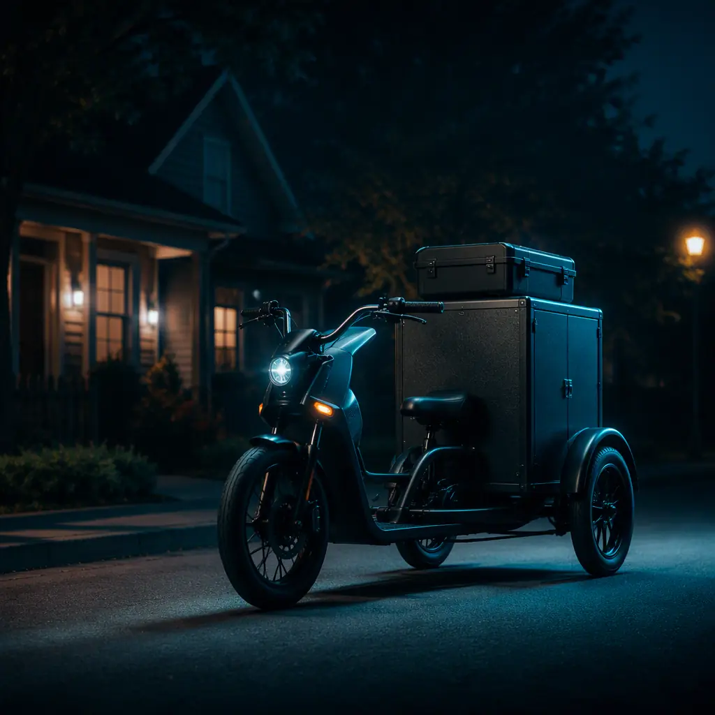 Electric cargo tricycle with a lockable cabinet and sampling kit on a residential street during a vet house call