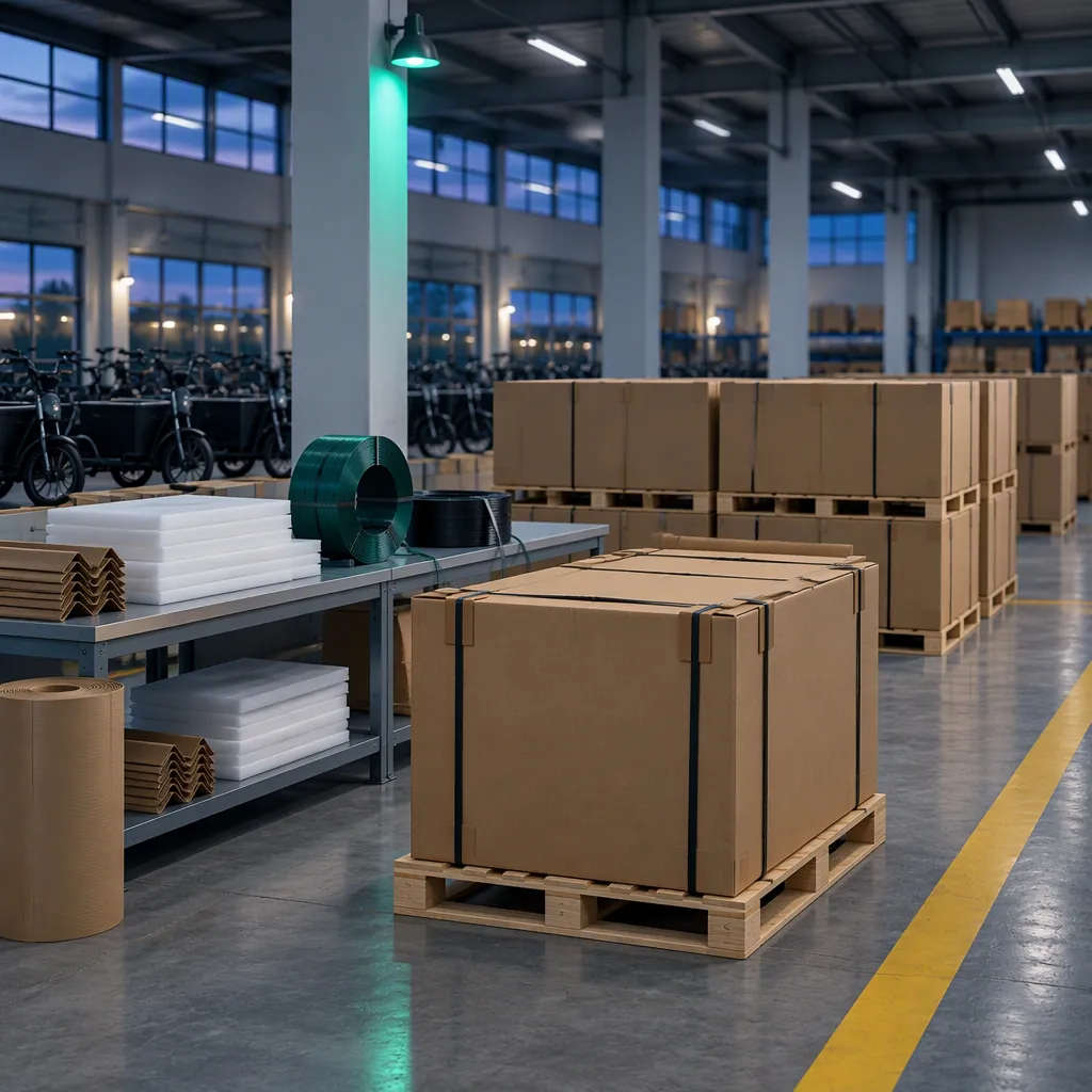 Factory final-packing bay at dusk with unbranded flat-packed cartons on wooden pallets, foam padding, strapping and edge protectors on a steel bench