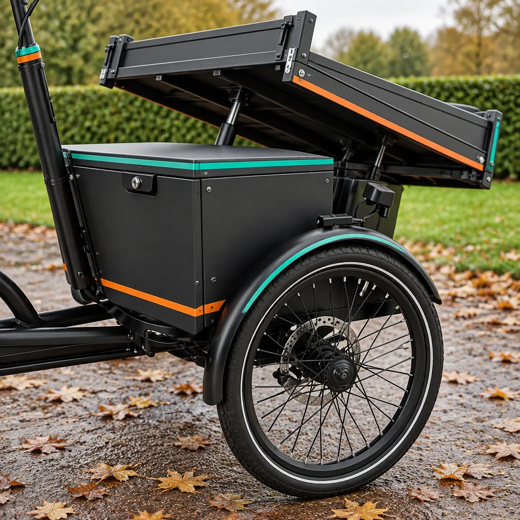Municipal electric tricycle with lockable tool box and flatbed parked beside a city greenspace path