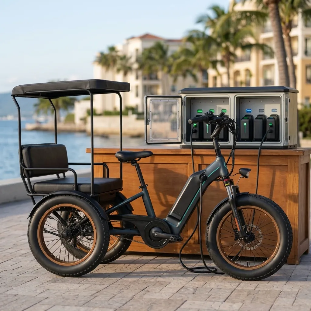 Passenger electric tricycle at a rental charging dock with swappable battery packs in a charging cabinet