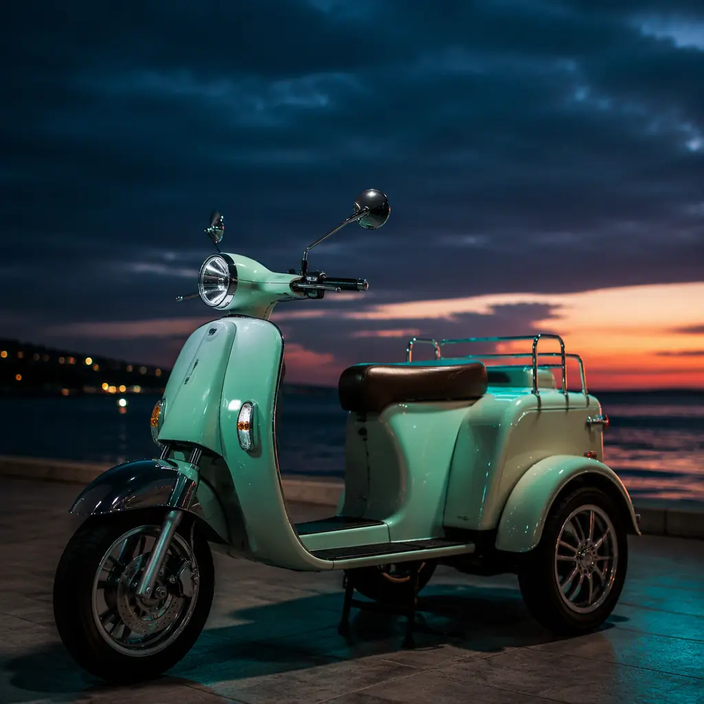 Pastel mint-green retro-styled three-wheeled electric tricycle with one front wheel and two rear wheels parked on a seaside promenade at dusk, chrome fenders, teal and warm orange lighting