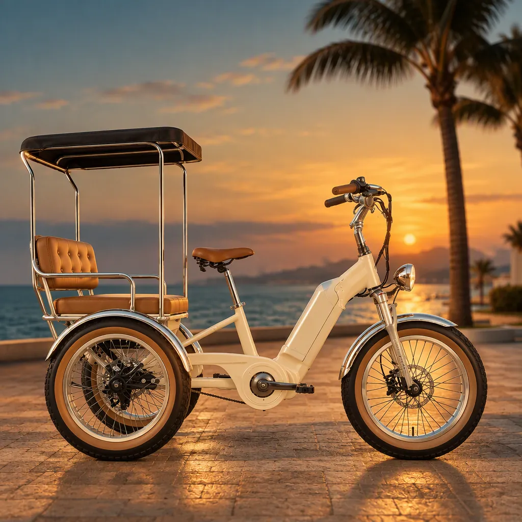 Cream retro-styled three-wheeled electric passenger tricycle with one front wheel and two rear wheels, chrome headlight and tan leatherette bench seat under a canopy, parked on a seaside promenade at golden dusk