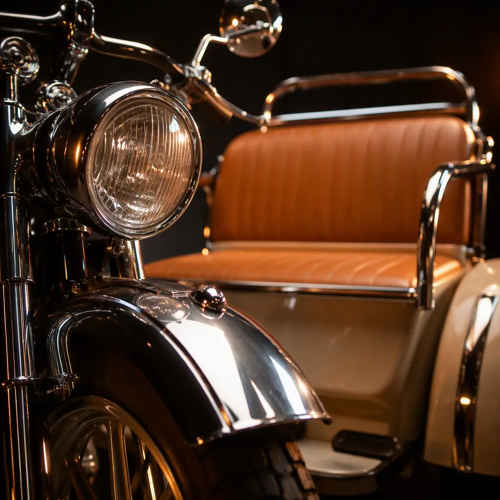 Macro photo of a retro-styled three-wheeled electric tricycle showing a chrome headlight, curving fender, and tan leatherette bench seat, dark studio with warm rim light