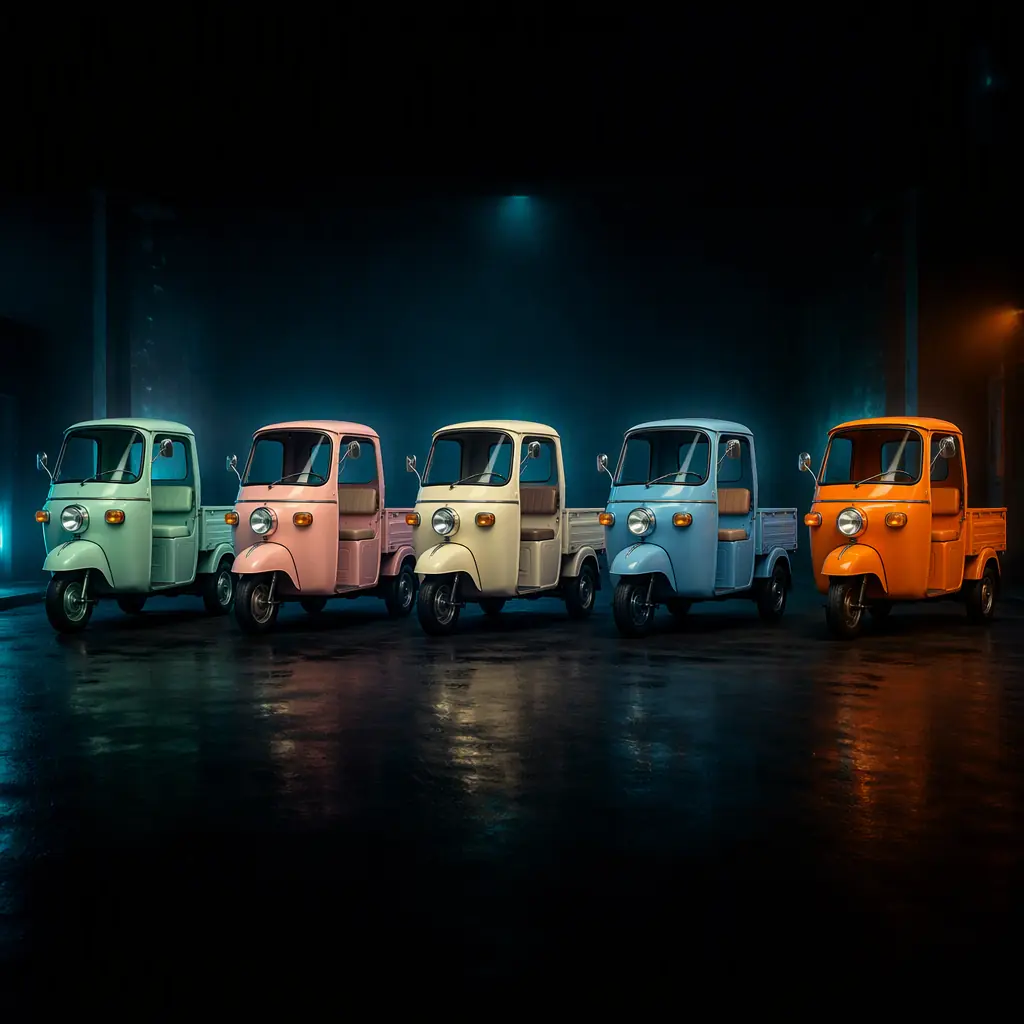 Fleet of five colorful retro-styled three-wheeled electric tricycles in pastel mint, pink, cream, blue and orange parked in a row on a dark street, chrome details, teal night lighting