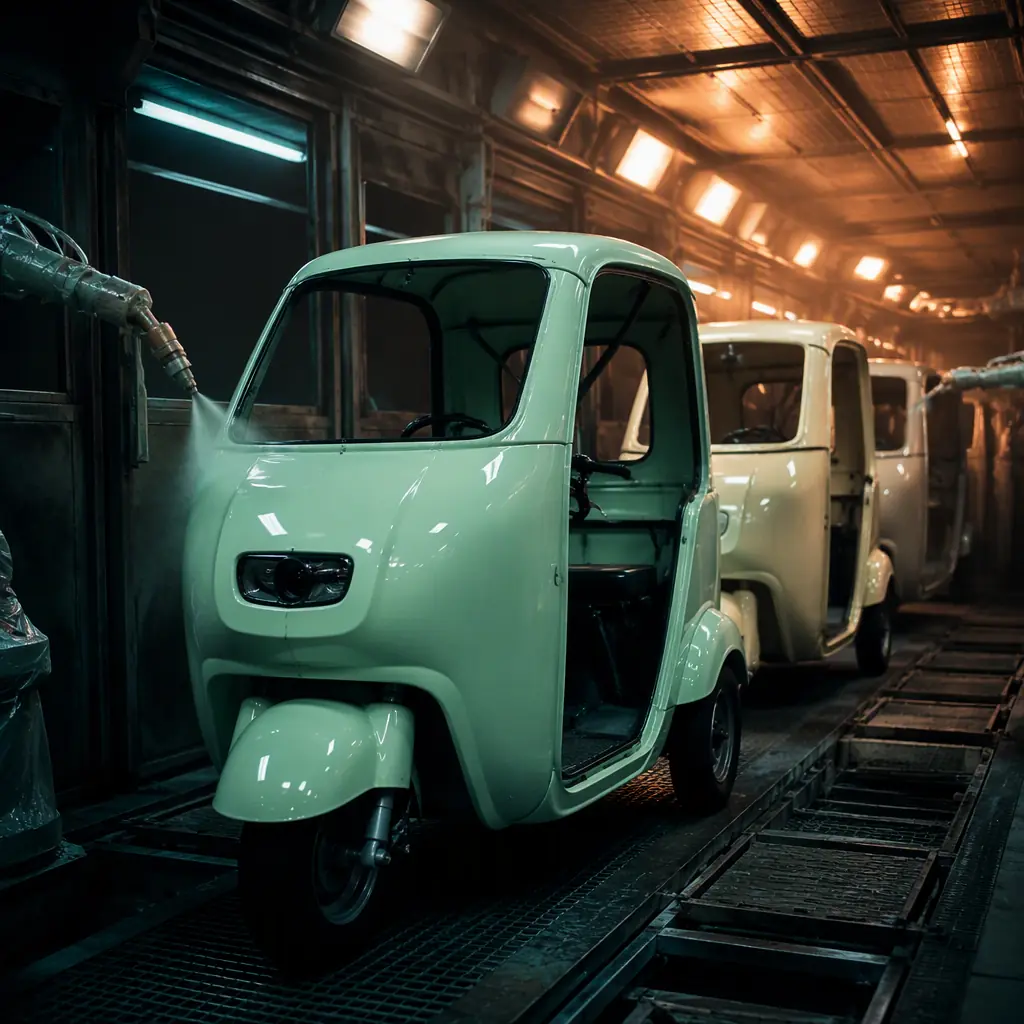 Pastel colored three-wheeled retro electric tricycles in an automotive paint booth, glossy mint and cream bodies, dark factory with warm lighting