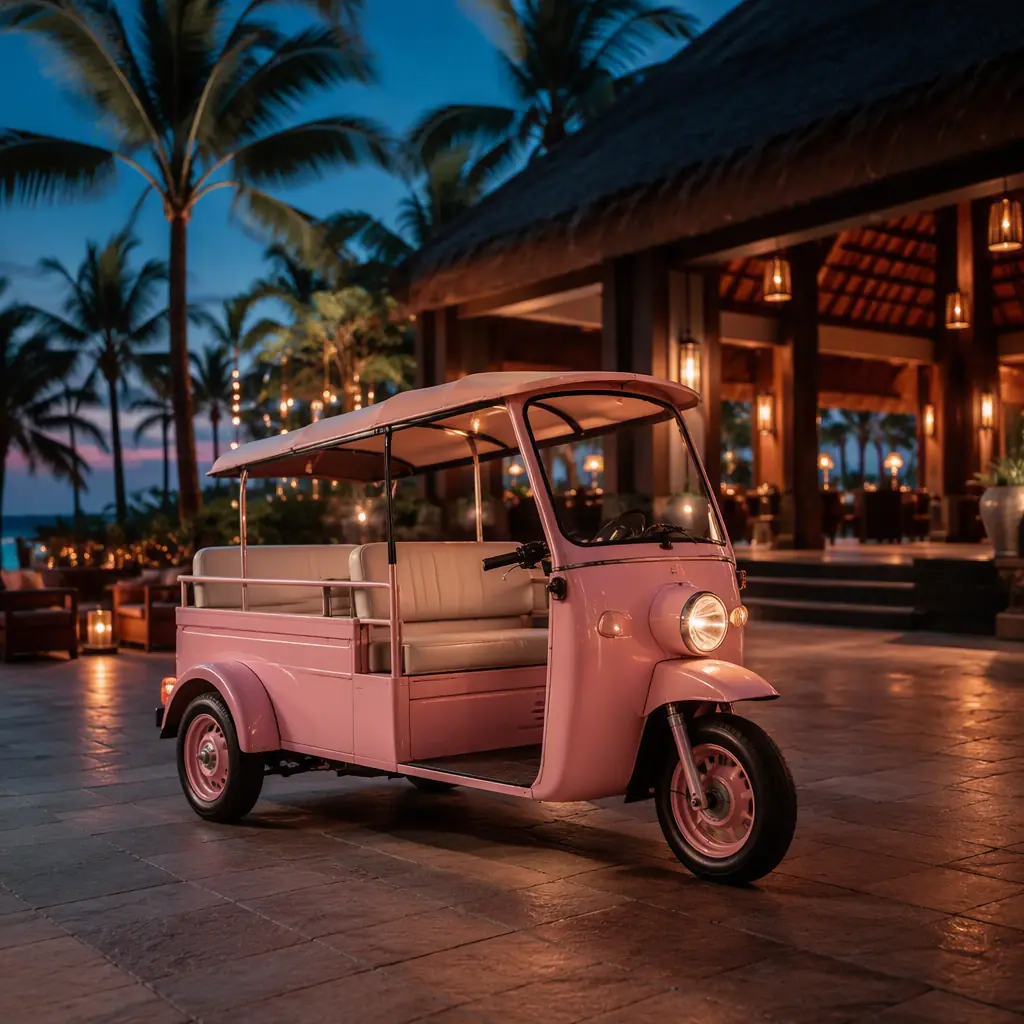Pastel pink retro-styled three-wheeled electric tricycle with two rear wheels parked in front of a tropical resort entrance at dusk with palm trees and warm string lights