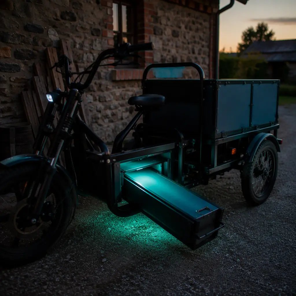 Swappable lithium battery pack being slid out of a three-wheeled electric cargo tricycle beside a farmhouse wall