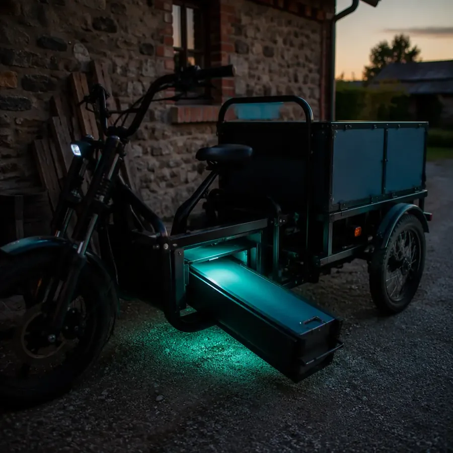 Swappable lithium battery pack being slid out of a three-wheeled electric cargo tricycle beside a farmhouse wall