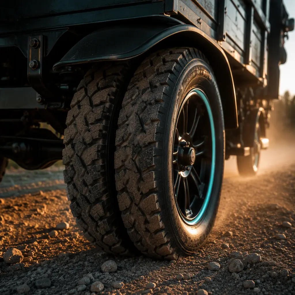 Close-up of dual rear tires of an electric cargo tricycle on a gravel road with dust