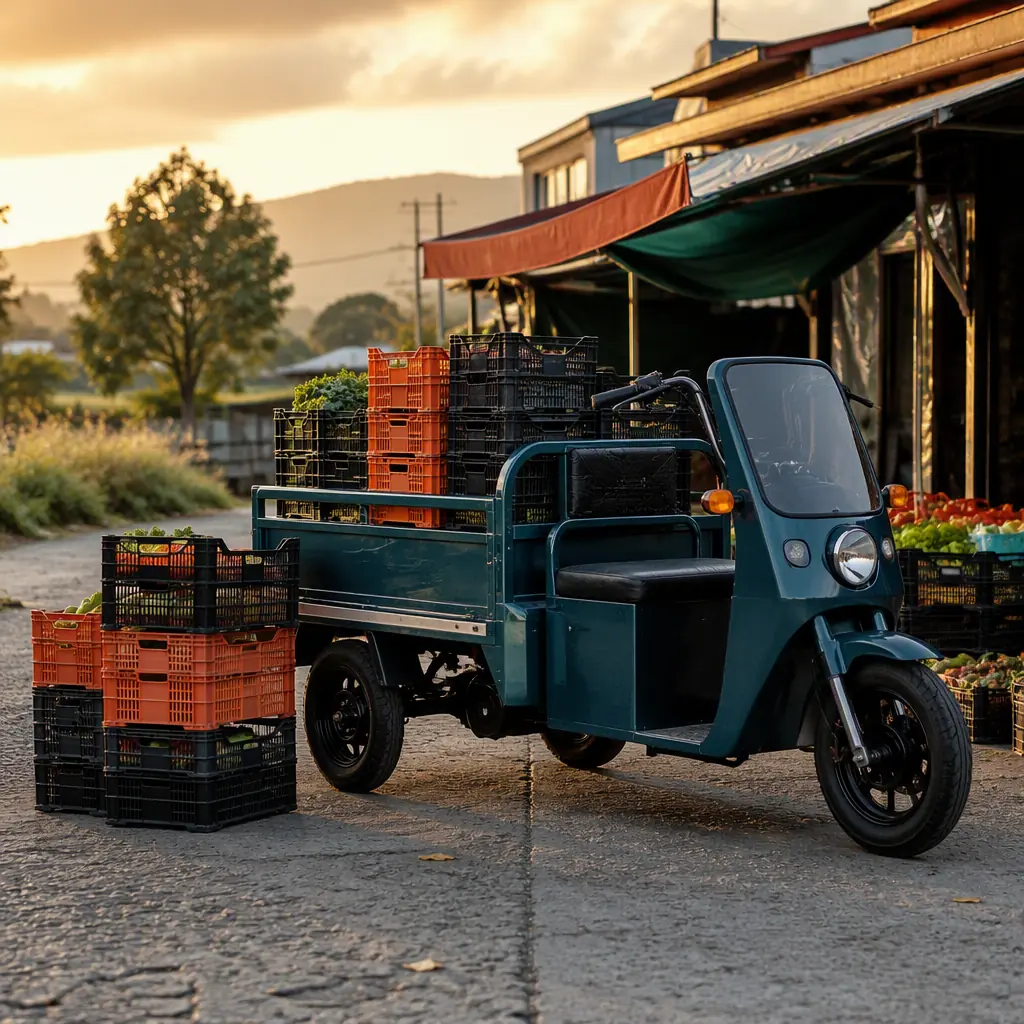 Three-wheeled electric cargo tricycle parked at a village market stall with crates being unloaded, golden hour light