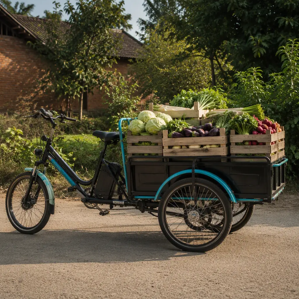 Three-wheeled electric cargo tricycle loaded with wooden crates of fresh produce on a village road