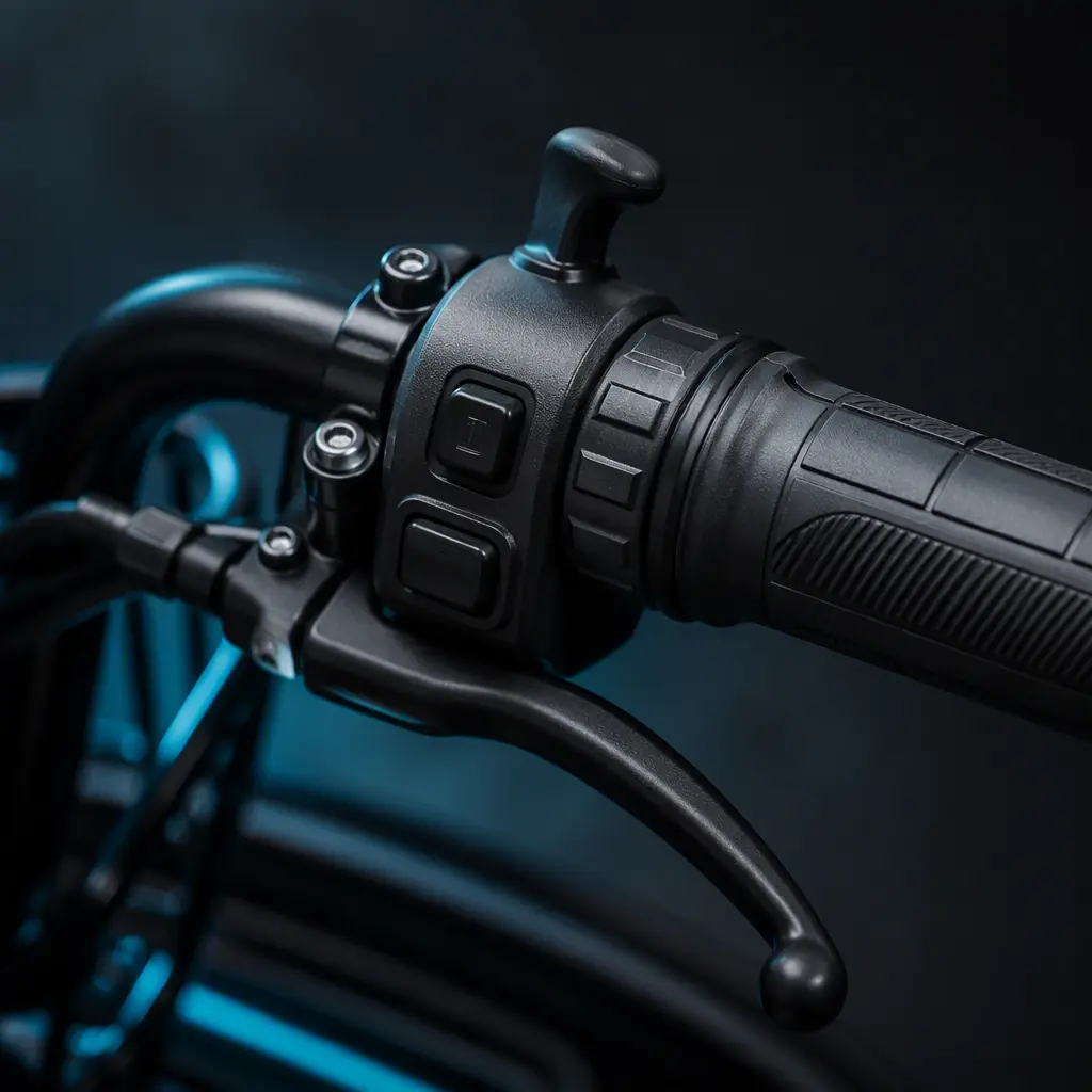 Handlebar controls with parking brake lever and throttle on an electric tricycle, dark background with teal rim lighting