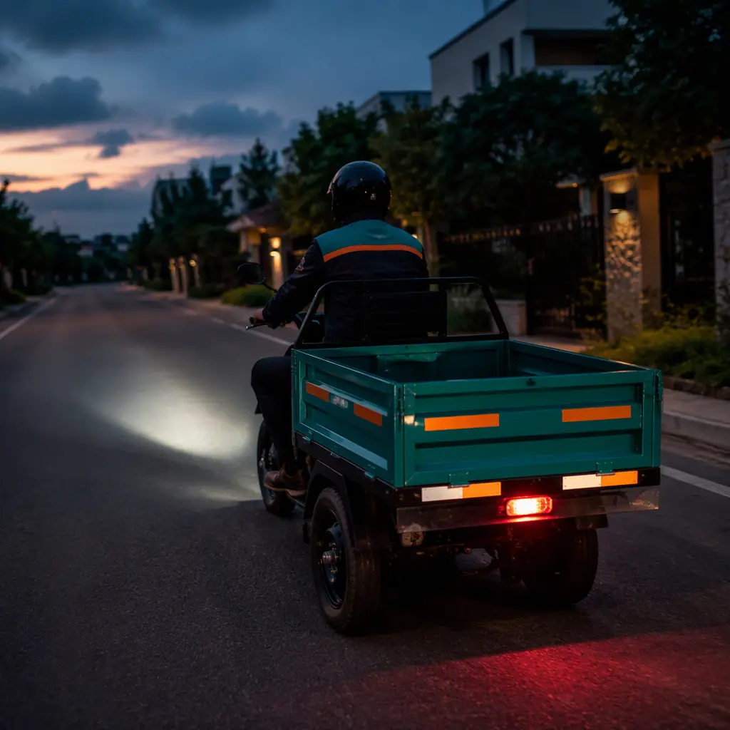 Three-wheeled electric cargo tricycle on a quiet suburban road at dusk with headlight and tail light glowing