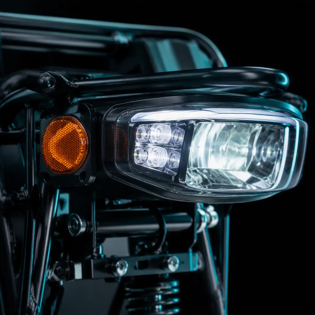 Close-up of an LED headlight cluster and front reflector on a three-wheeled electric cargo tricycle in a dark studio