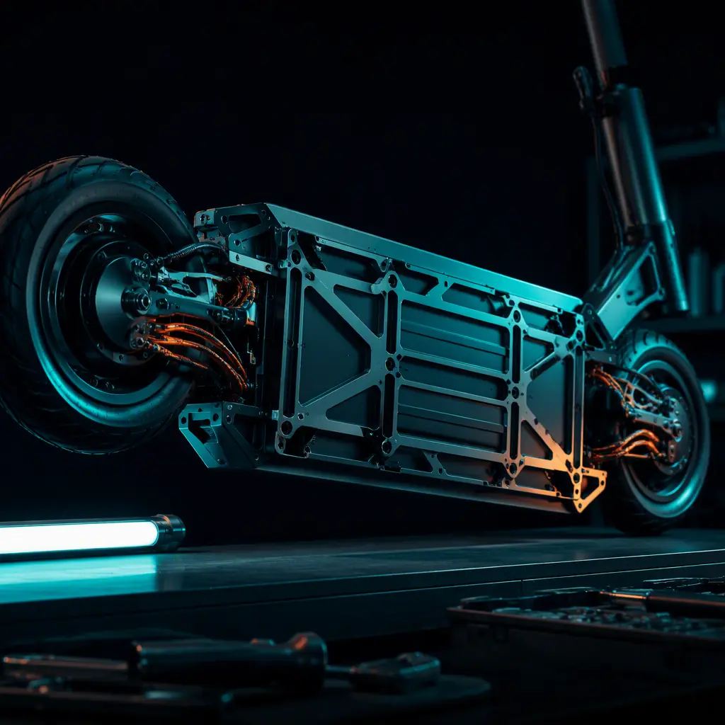 Underside detail of a dual-motor performance electric scooter showing two hub motors and reinforced deck