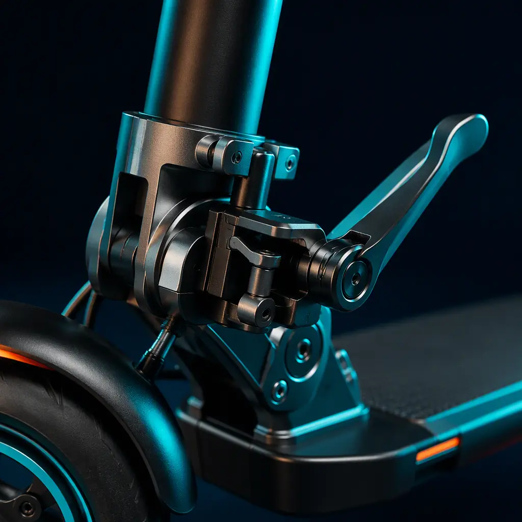 Macro close-up of a folding hinge mechanism with latch on a compact electric scooter