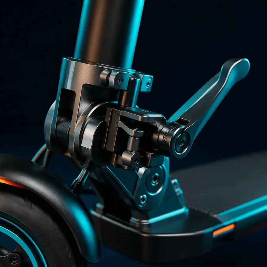 Macro close-up of a folding hinge mechanism with latch on a compact electric scooter