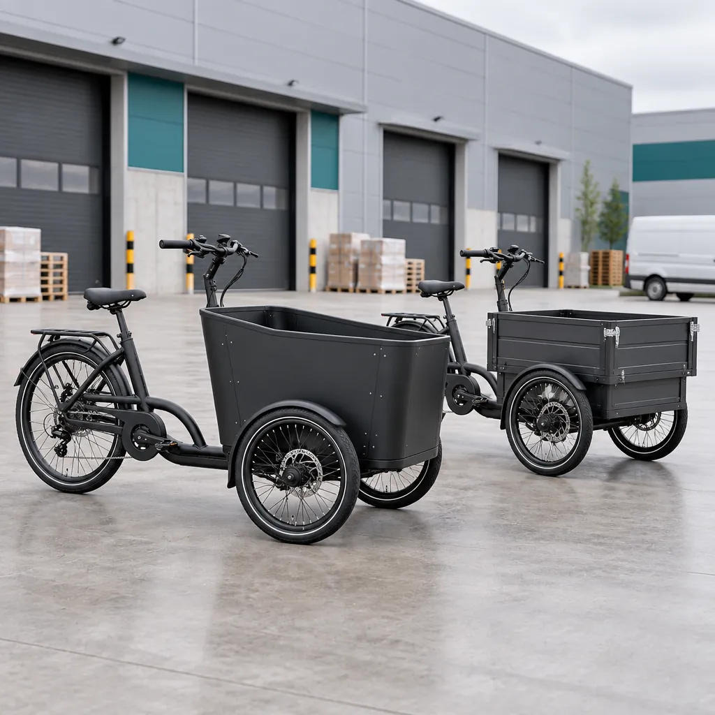 Two three-wheeled electric cargo tricycles staged at a logistics depot