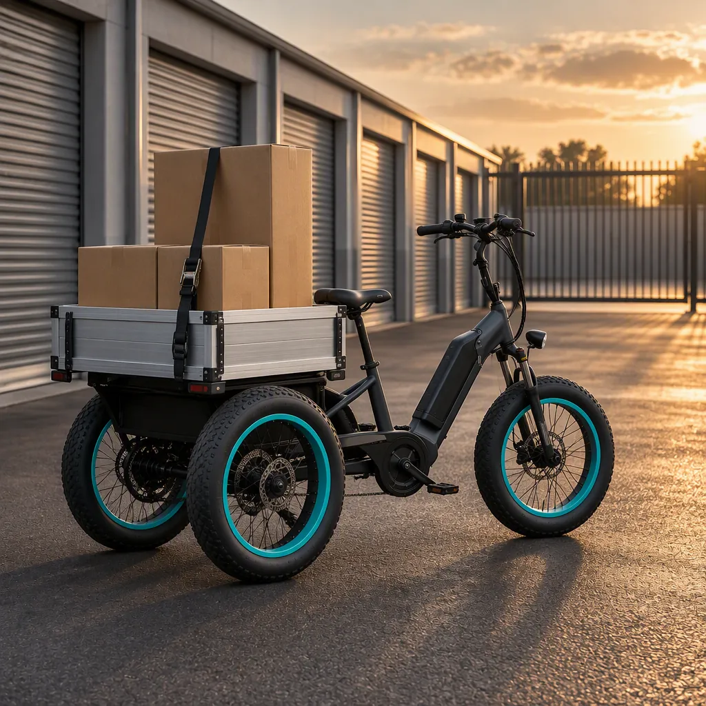 Three-wheeled electric cargo tricycle with one front wheel and two rear wheels on a self-storage forecourt, drop-side cargo box holding plain moving cartons, row of grey roll-up unit doors behind